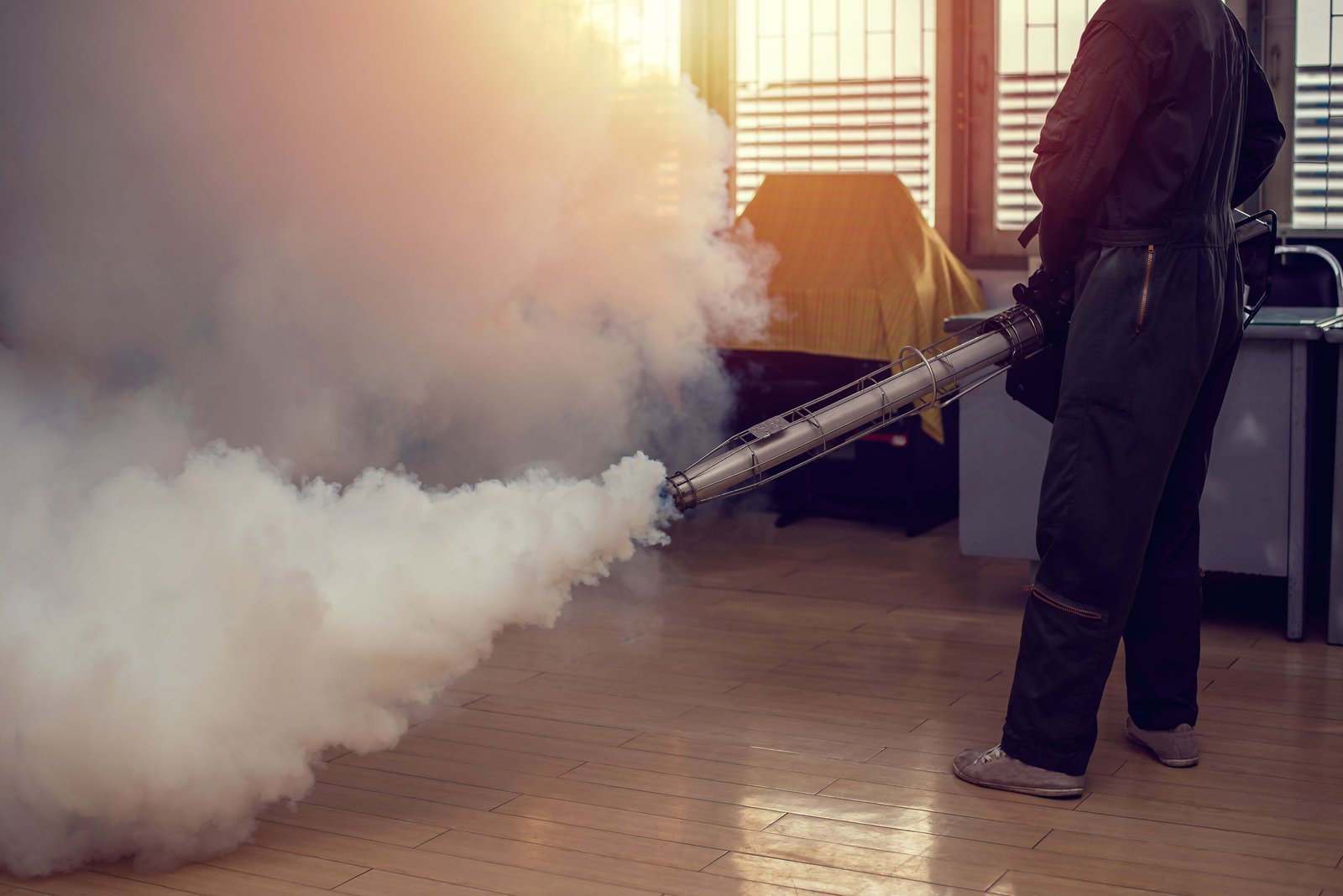 Man work fogging to eliminate mosquito for preventing spread dengue fever and zika virus